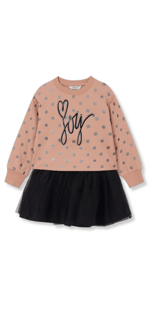Conjunto de niña Mayoral con sudadera nude de lunares metálicos y falda de tul negro