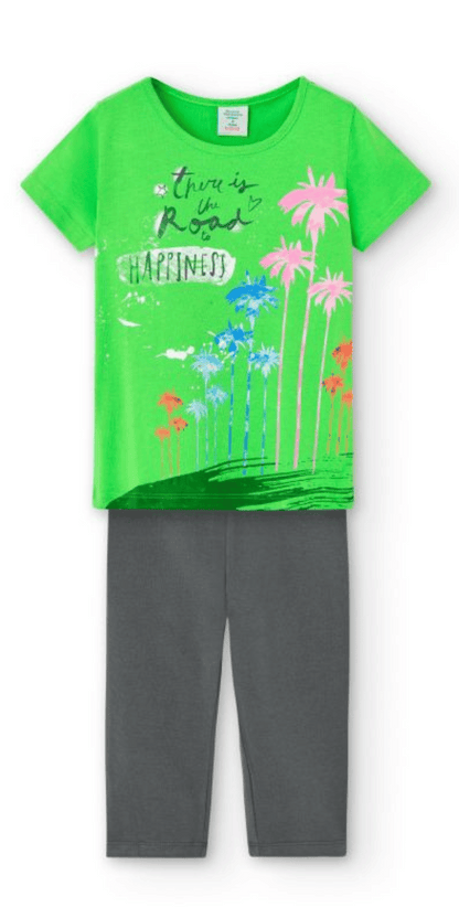 Conjunto Boboli de Cachaboo para niñas, incluye playera verde con estampado de palmeras y leggings grises, ideal para un look cómodo y moderno.