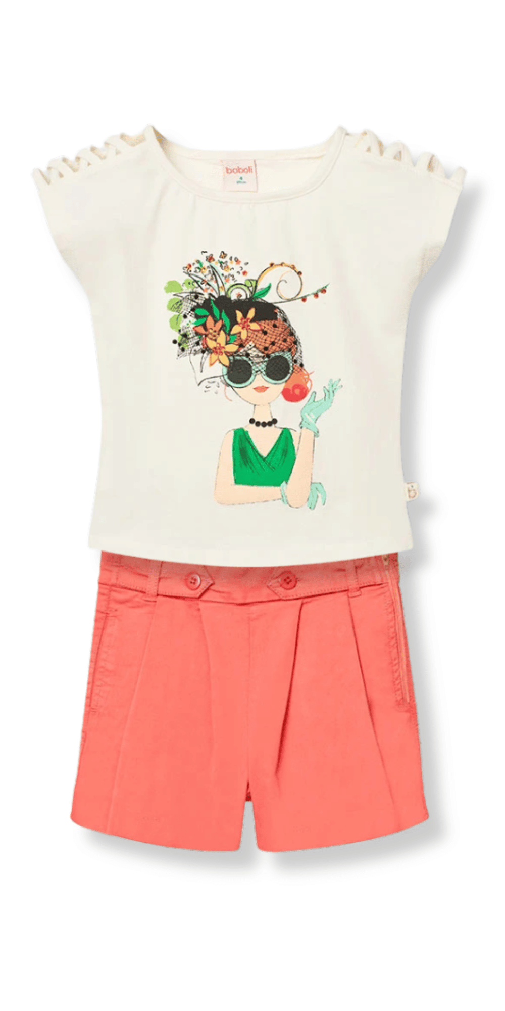 Conjunto Boboli para niña con playera ilustrada y short coral de satén.