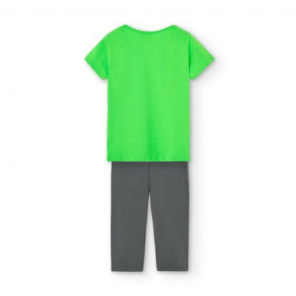 Vista trasera del conjunto Boboli de Cachaboo para niñas, con playera verde de diseño liso y leggings grises, ideal para un look cómodo y versátil.