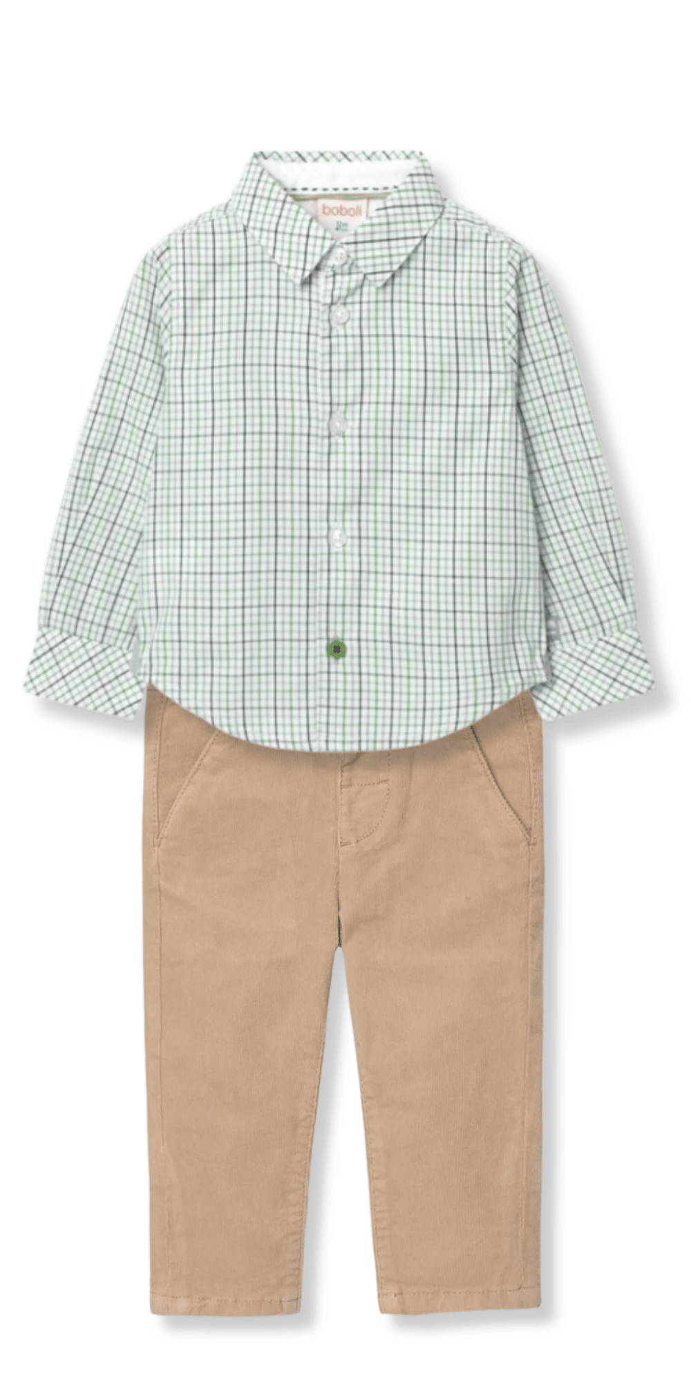 Conjunto completo de camisa a cuadros y pantalón beige de pana para niño. Boboli