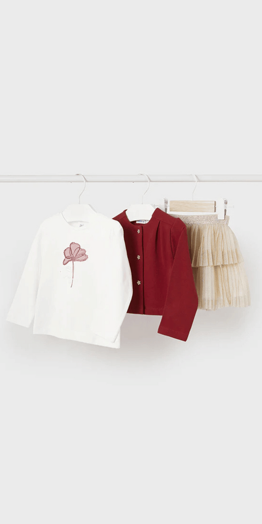 Conjunto 3 Piezas: Blusa Blanca, Falda Dorada y Cárdigan Vino - Mayoral