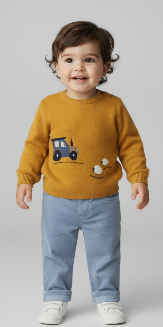 Bebé sonriendo y posando de cuerpo completo, usando un suéter de punto mostaza con diseño de tractor y ovejas, combinado con un pantalón de pana azul claro y zapatillas blancas.