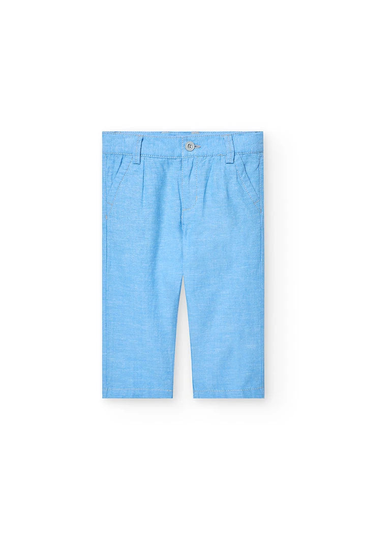 Pantalón corto de lino azul Boboli visto por delante, con bolsillos laterales y cintura ajustable.