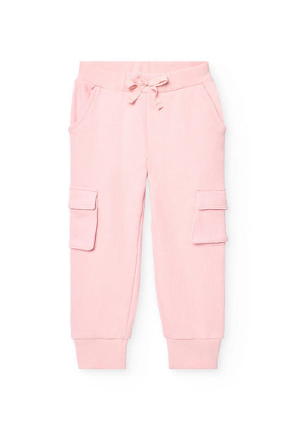 Vista frontal de pants rosas de niña con bolsillos laterales y cargo.