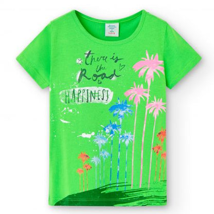 Playera verde Boboli de Cachaboo, con estampado de palmeras en colores vibrantes y frase "There is the road to happiness".