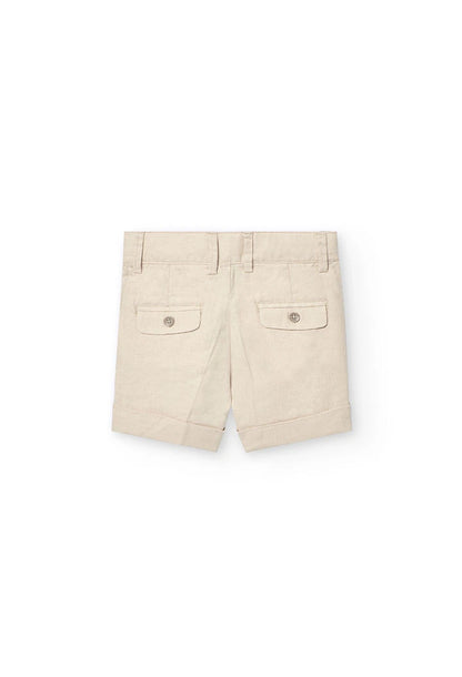 Parte trasera de shorts de lino beige para niño con bolsillos con botón, Boboli.