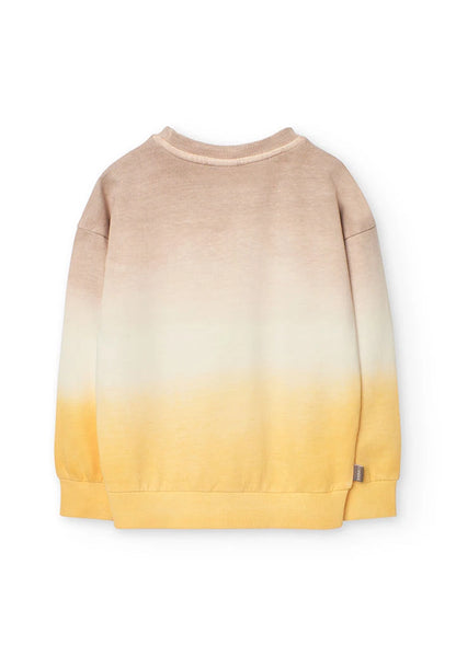 Vista trasera de la sudadera infantil con diseño degradado en tonos beige y amarillo, sin estampados.