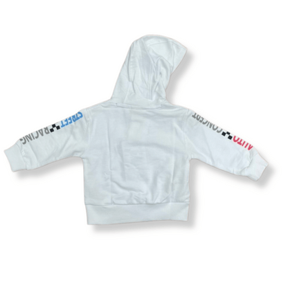 Vista trasera de la sudadera racing blanca para niños, con mangas estampadas y diseño automovilístico.