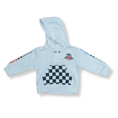 Sudadera blanca con capucha para niños, con diseño de cuadros tipo bandera de carreras y estampado “Retro Racing by Boboli”.