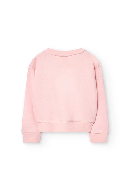 Vista trasera de sudadera rosa de niña con puños y cintura acanalados.