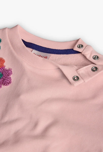 Detalle de los botones de presión en el cuello de una sudadera de felpa rosa para niña, marca Boboli.