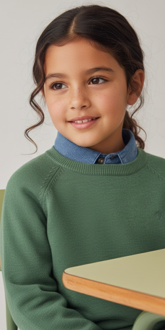 Niña vistiendo el suéter verde de Mayoral sobre una camisa de mezclilla azul.