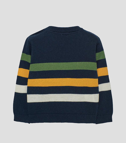 Vista trasera del suéter de punto para niño, mostrando las rayas horizontales en verde, amarillo y blanco en la espalda y mangas, marca Boboli.