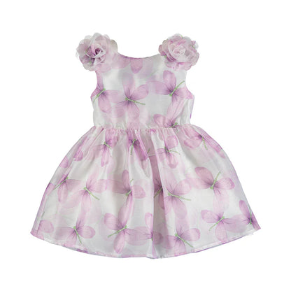 Vestido infantil sin mangas con estampado de mariposas en tonos lila y detalles florales en los hombros. Diseño ligero y elegante, ideal para eventos especiales.