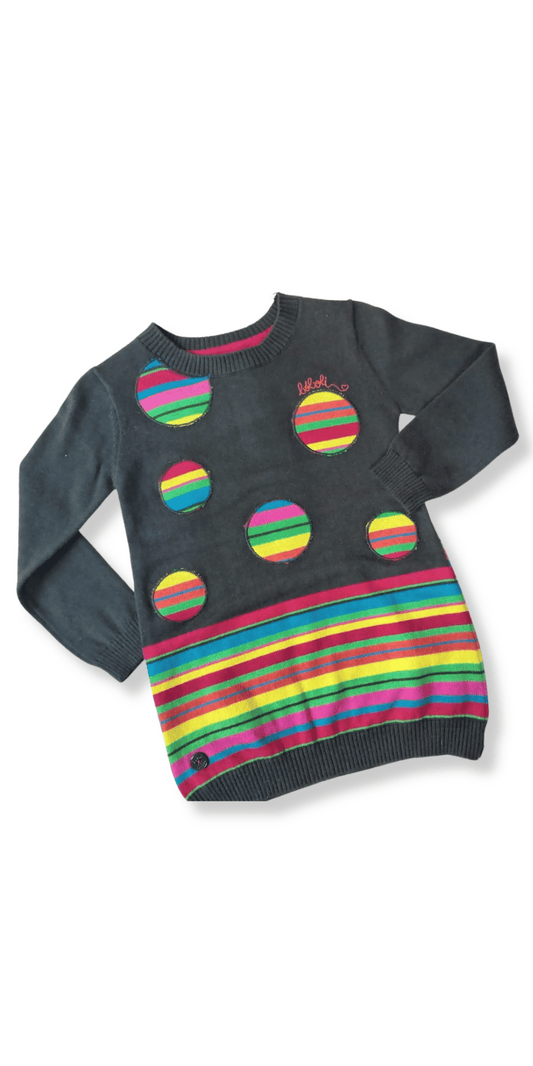 Vestido de niña Boboli gris con círculos multicolor y rayas horizontales brillantes en la parte baja