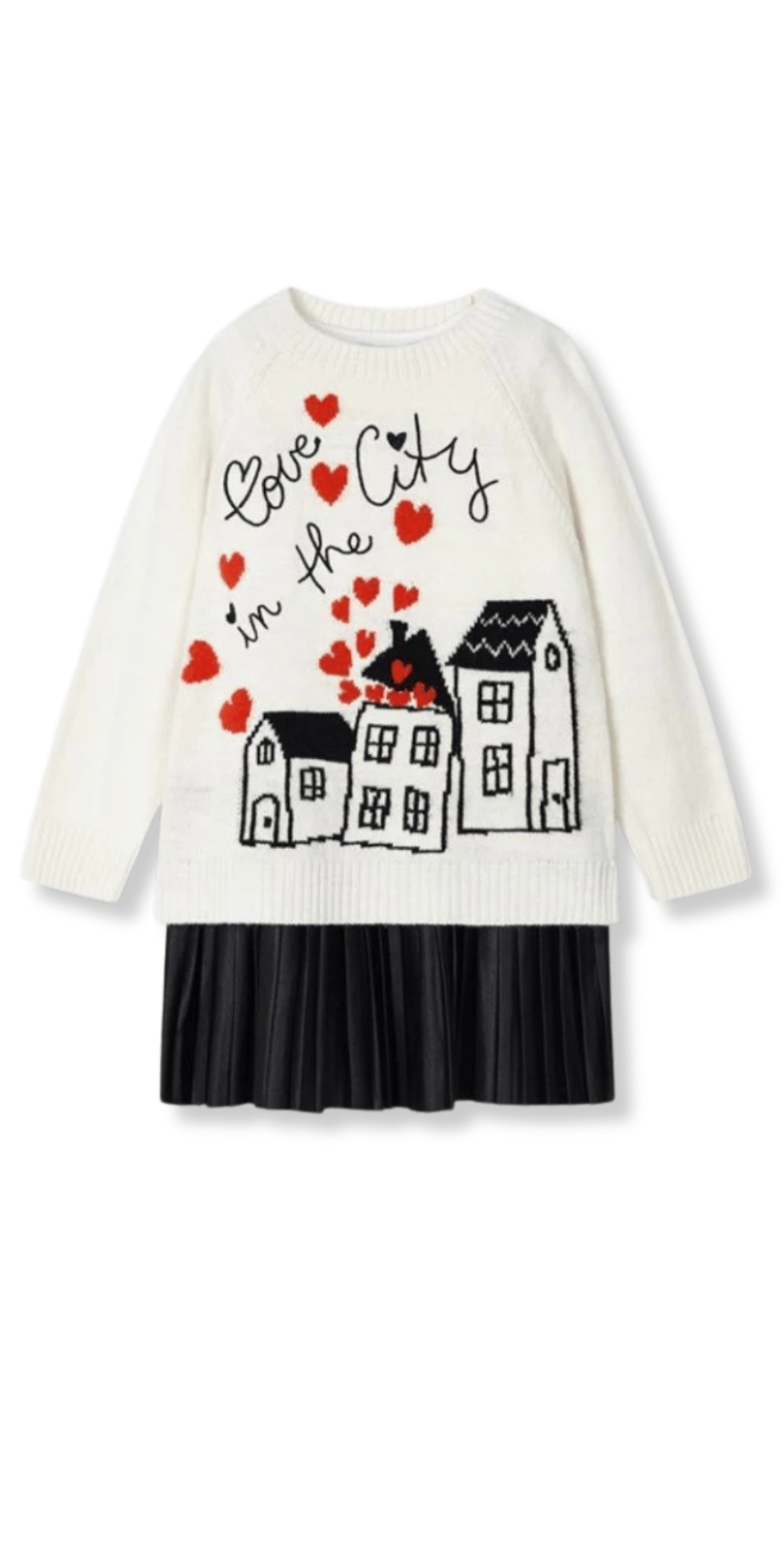 Vestido blanco Mayoral para niña con diseño “Love in the City” y falda negra plisada.