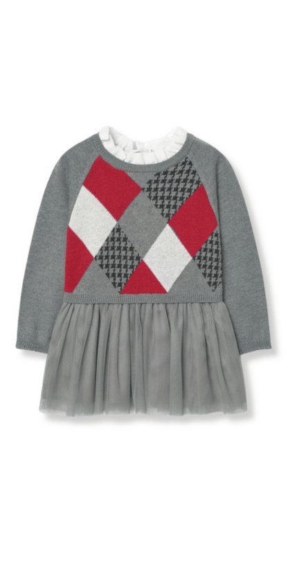 Vista frontal del vestido infantil Boboli de manga larga con diseño de rombos en el pecho y falda de tul gris.